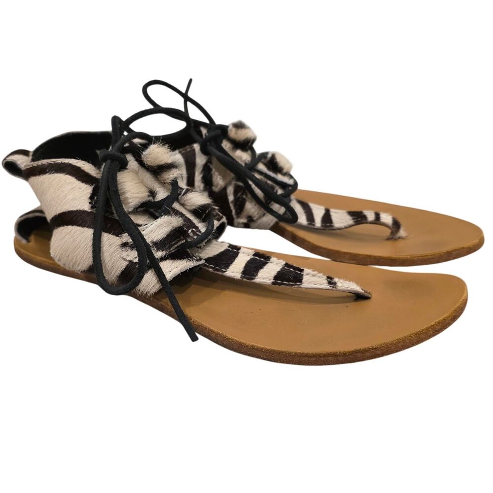 Sorel Zebra Calf Hair Gladiator Sandals Women 9 Black White Lace Up Leather